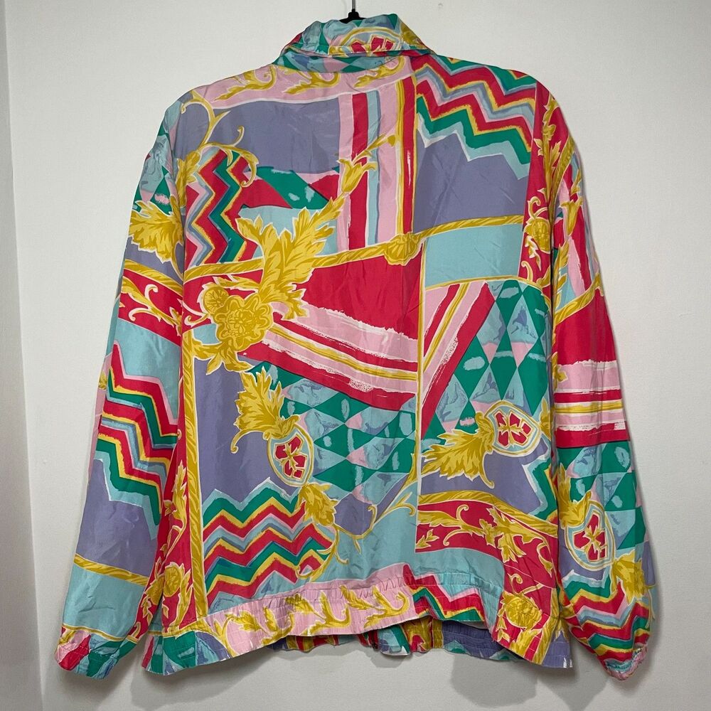 Multicolor Silk Ladies Zip Jacket Size L 80's Windbreaker Tracksuit Vintage Bold - Picture 3 of 5